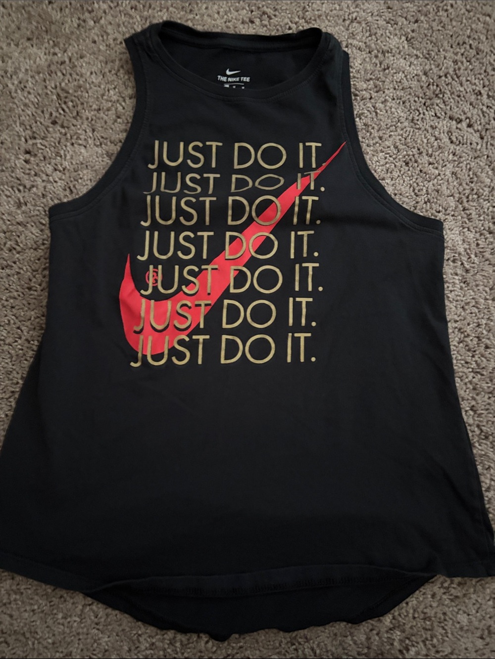 Nike Black Tank Top with Red Swoosh and Gold 'Just Do It' Print